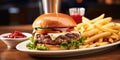 Gourmet Burger and Fries - All-American Comfort - Juicy and Irresistible - Classic Diner Vibes Royalty Free Stock Photo