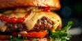 gourmet burger, highlighting the juicy patty, melted cheese, and fresh toppings in exquisite detail. Generative AI