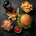 Gourmet Burger Meal on Dark Slate Surface - Casual Dining