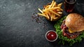 Gourmet Burger Meal on Dark Slate Surface - Casual Dining