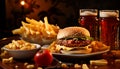 Gourmet burger meal grilled meat, cheese, fries, and drink generated by AI