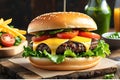 Gourmet Burger with Succulent Beef Patty: Top View Nestled atop a Toasted Brioche Bun, Vibrant Greens Adding Freshness