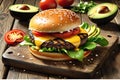 Gourmet Burger: Top View Capturing Avocado Slices, a Perfectly Grilled Beef Patty, Melted Cheese, Oozing Indulgence