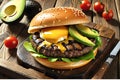 Gourmet Burger: Top View Capturing Avocado Slices, a Perfectly Grilled Beef Patty, Melted Cheese, Oozing Indulgence
