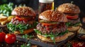 Gourmet burgers and craft beer served on rustic wooden board Royalty Free Stock Photo