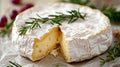 Gourmet Camembert cheese with fresh rosemary on rustic background