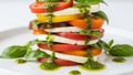 Gourmet Caprese Salad Stack with Multicolored Heirloom Tomatoes and Pesto Royalty Free Stock Photo