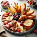 Gourmet charcuterie board with assorted meats, cheeses, fruits, and breads, garnished with herbs and berries.