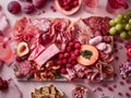 Gourmet Charcuterie Board with Variety of Cheeses, Cured Meats, Grapes, Figs, and Berries on Elegant Pink Background Royalty Free Stock Photo