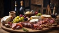 Gourmet charcuterie board with various cheeses, cured meats, fresh grapes, and sliced baguette Royalty Free Stock Photo