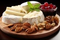 Gourmet cheese platter on wooden board with warm sandy tones, delicious food photography Royalty Free Stock Photo