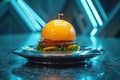 Gourmet cheeseburger with glowing bun on elegant metallic plate in modern setting Royalty Free Stock Photo