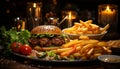 Gourmet cheeseburger meal on rustic wooden table, ready to eat generated by AI Royalty Free Stock Photo