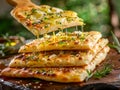 Gourmet Cheesy Garlic Bread with Herbs and Spices on Wooden Cutting Board in Rustic Kitchen Setting