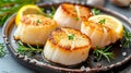 Gourmet chef cooking grilled scallops in butter lemon or cajun spicy sauce with herbs and garnish