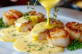 Gourmet chef cooking grilled scallops in butter lemon sauce with cajun spices and herbs