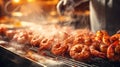 Gourmet chef cooking tiger prawn in modern kitchen with blurred background and text space