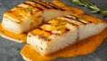 Gourmet chef crafting grilled fish fillet in creamy lemon butter or spicy cajun sauce with herbs