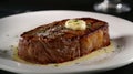 Gourmet chef grilling steak in creamy butter lemon or cajun spicy sauce with herbs