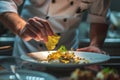 gourmet chef plating a dish with edible gold leaf Royalty Free Stock Photo