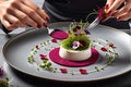 Gourmet Chef Plating an Intricate Dish: Arranging a Delicate Microgreen Salad Atop a Spiral of Ruby Elegance