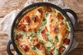 Gourmet chicken with sun-dried tomatoes and spinach in cheese sauce close-up in a pan. Horizontal top view Royalty Free Stock Photo