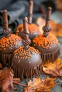 Gourmet Chocolate Apples Decorated with Orange Sprinkles and Drizzle for Fall Celebrations on Rustic Wooden Background