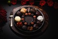 Gourmet chocolate assortment on elegant dinner plate