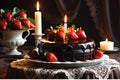 Gourmet Chocolate Cake Garnished with Fresh Strawberries: Strawberries Positioned on Top of Decadent Delight