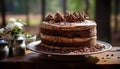 Gourmet chocolate cake slice on wooden table generated by AI