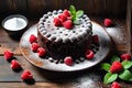 Gourmet Chocolate Cake: Top View Centered on a Rustic Wooden Table, Fine Dusting of Icing Sugar on Decadent Delight