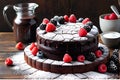 Gourmet Chocolate Cake: Top View Centerpiece on a Rustic Wooden Table, Fine Dusting of Powdered Sugar