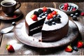 Gourmet Chocolate Cake: Top View Centerpiece on a Rustic Wooden Table, Fine Dusting of Powdered Sugar