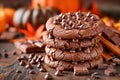 Gourmet Chocolate Chip Cookies with Sprinkles and Chocolate Bars on Wooden Autumn Theme Background