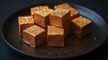 Gourmet chocolate cubes dusted with gold glitter on a black plate Royalty Free Stock Photo