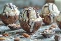 Gourmet Chocolate Easter Eggs Filled with Vanilla Ice Cream, Drizzled with Syrup, and Topped with Almonds on a Rustic Table