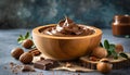 Gourmet chocolate hazelnut spread in wooden bowl Royalty Free Stock Photo