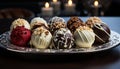 Gourmet chocolate truffle dessert on elegant dark plate generated by AI Royalty Free Stock Photo