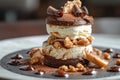 Gourmet Chocolate and Vanilla Ice Cream Dessert with Nuts and Chocolate Shavings on Elegant Plate