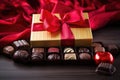 gourmet chocolates in a gold box with satin ribbon