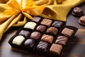 gourmet chocolates in a gold box with satin ribbon