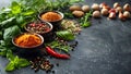 A gourmet collection of whole spices in wooden bowls and fresh basil leaves on a black backdrop Royalty Free Stock Photo