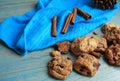 gourmet cookies on a blue napkin.