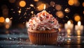 Gourmet cupcake, sweet celebration, bright colors, glowing winter night generated by AI