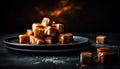 Gourmet dark chocolate dessert, sweet candy indulgence on wooden plate generated by AI Royalty Free Stock Photo