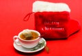 Gourmet delicious taste. Health care folk remedies. Warm winter beverage. Cafe restaurant menu. Cup of tea on red Royalty Free Stock Photo