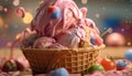 Gourmet dessert basket sweet, colorful, fruity, candy, ice cream generated by AI