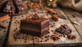 Gourmet dessert chocolate cake slice on rustic wooden table