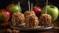 Gourmet dessert chocolate dipped apple with caramel, walnut, and pecan generated by AI