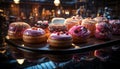 Gourmet dessert chocolate donut with multi colored icing and sprinkles generated by AI Royalty Free Stock Photo